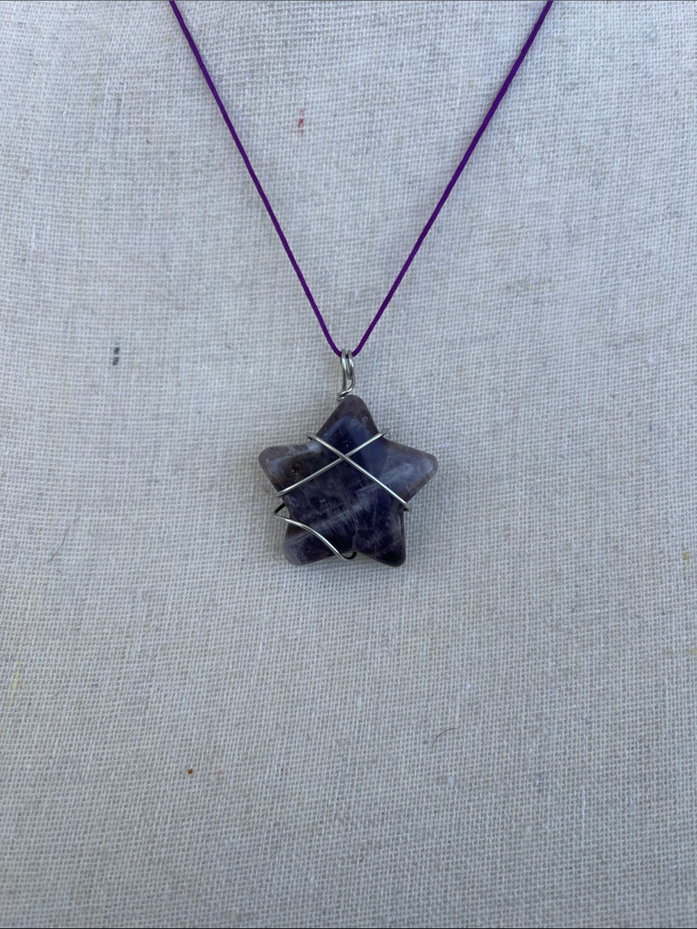 Amethyst Star Necklace on Purple Nylon Cord Stainless Steel Wire Wrapping